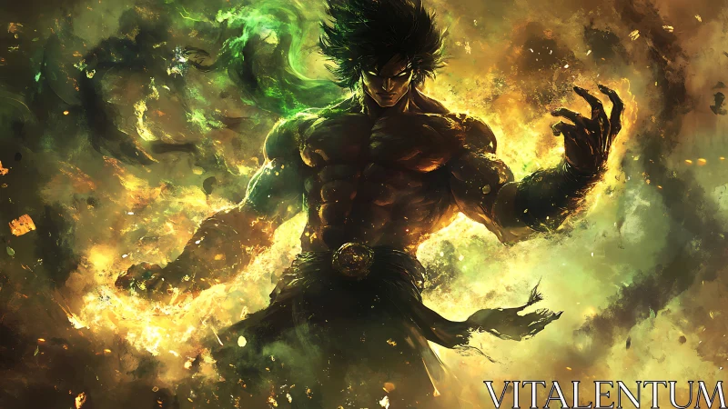 Muscular warrior amid swirling green and yellow energy field.