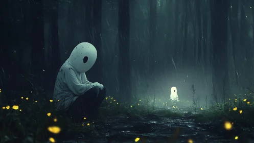 Masked figure meets glowing spirit in rain-soaked forest