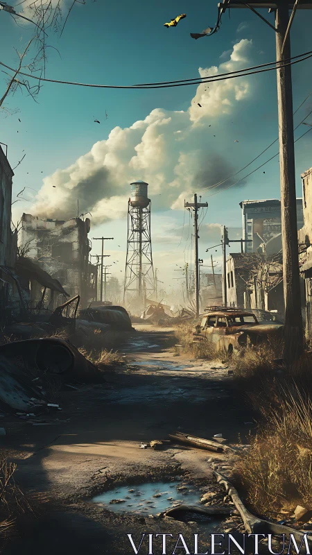 Rust-silent boulevard beneath defiant apocalypse clouds.