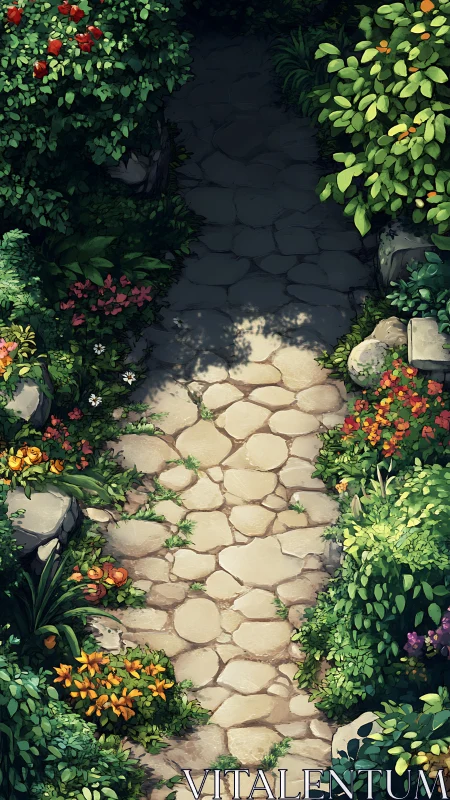 Stone garden path bordered by dense flowering shrubs.