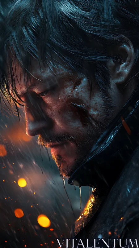 Rain-soaked wanderer stares into embers of a fading war.