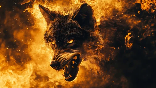 High-contrast fiery wolf portrait with aggressive snarl stance