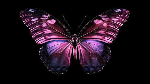 Iridescent purple butterfly spreads luminous wings on black