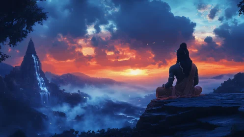 Meditating deity watches misty valley sunrise in vivid hues.