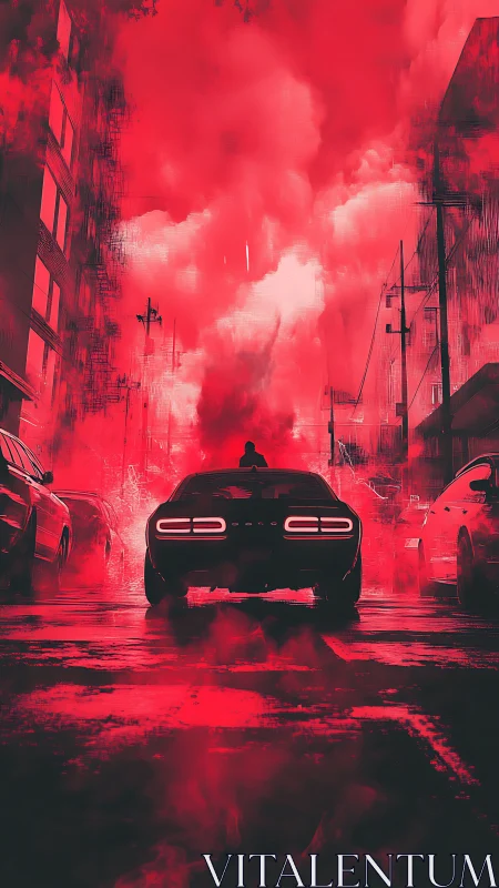 Muscle car ignites neon-red city street in dense smoke.