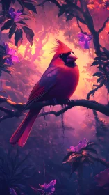 Cardinal lantern glows in neon-tinted enchanted forest dusk.