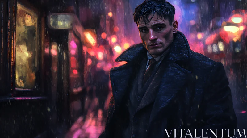 Moody night stroll with a lone man in rain-soaked city lights