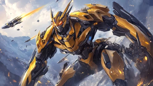 Armored cyber mech charging through explosive alpine battlefield.