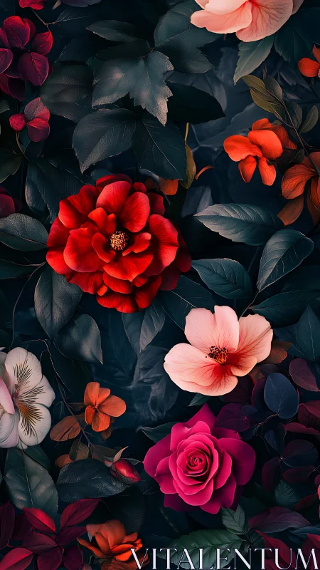 Layered botanical arrangement displaying saturated floral specimens against dark foliage
