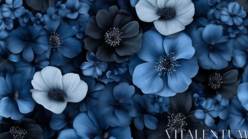 Blue and black floral composition with varied blooms