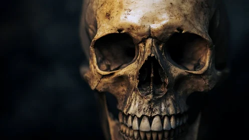 Detailed human skull close-up against dark neutral background.