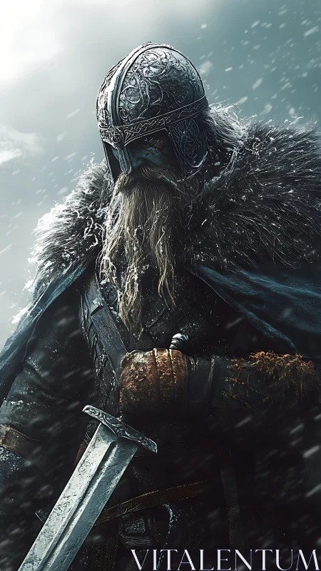 Armored Viking warrior stands in blizzard, rendered cinematically