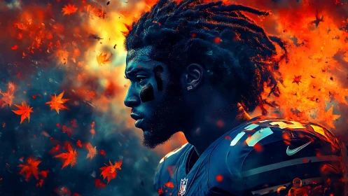 Football warrior portrait amid blazing autumn embers.