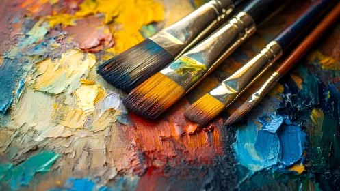 Set of paintbrushes on colorful textured oil paint palette, vivid style.