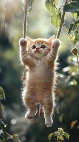 Cream Tabby Kitten Suspended on Twine Among Garden Foliage