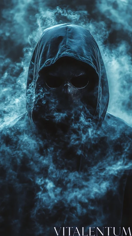 Hooded masked figure obscured by dense blue smoke cloud.