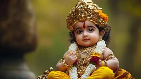Divine child portrait in golden temple attire and florals.