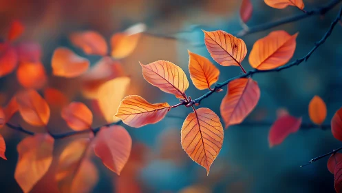 Vibrant orange autumn leaves on branch, soft bokeh background.