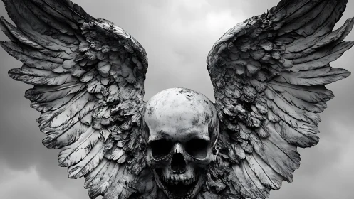 Winged skull sentinel broods beneath storm-torn heavens.