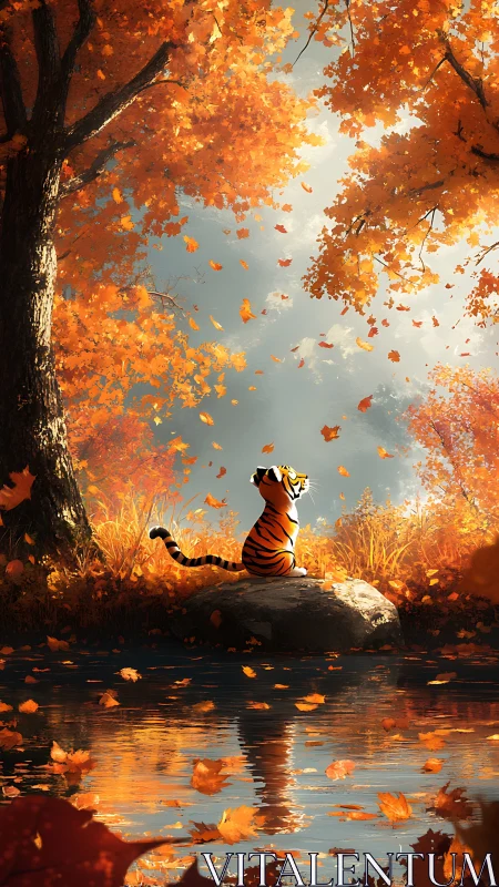 Cartoon tiger contemplates autumn forest beneath drifting leaves