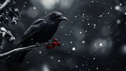 Black bird on snowy branch with red berries in winter scene.