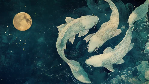 Three koi fish in circular motion beneath full moon.