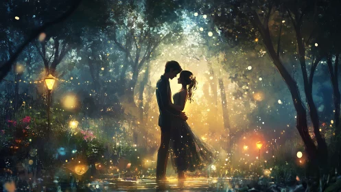 Silhouetted couple in luminous forest clearing with bokeh light particles.
