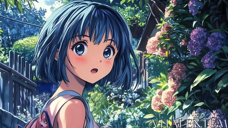 Blue haired anime girl in lush summer garden path.