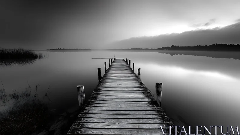 Wooden pier stretching into calm misty lake at dawn.