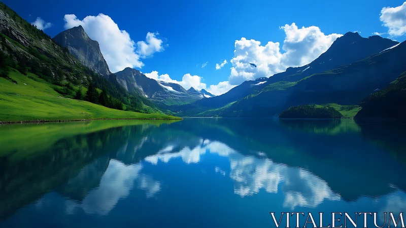 Calm mountain lake with vivid reflections under blue sky.