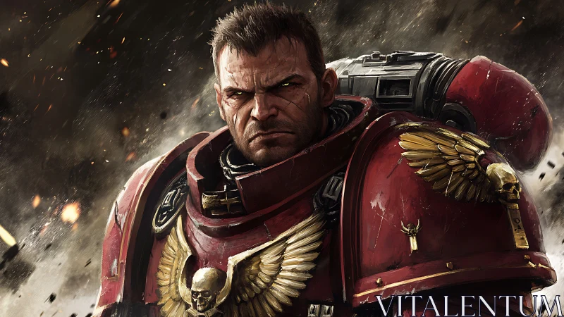 Battle-hardened space warrior in crimson power armor.