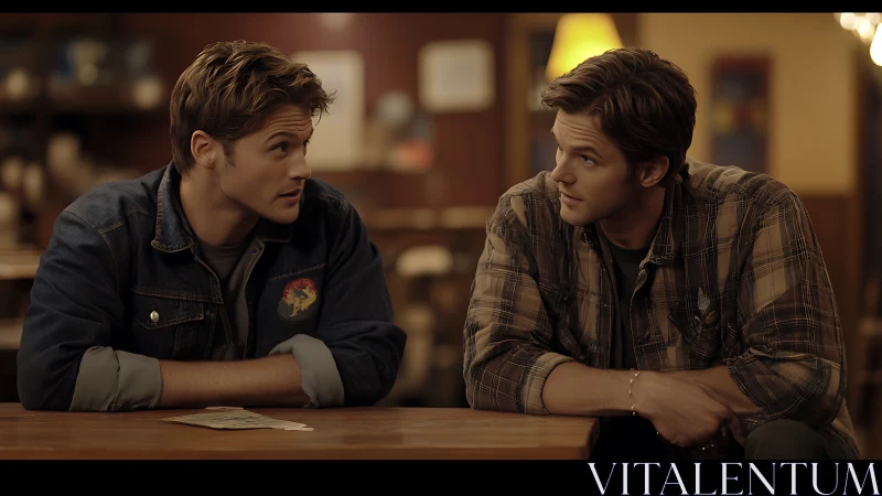 Two young men talking across wooden table in warm cafe