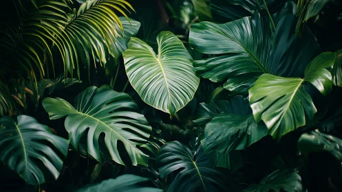 Tropical foliage study with glossy overlapping leaf forms.