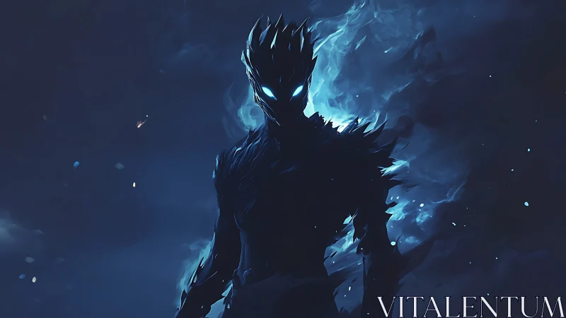 Shadow wraith ignites in electric blue infernal storm.