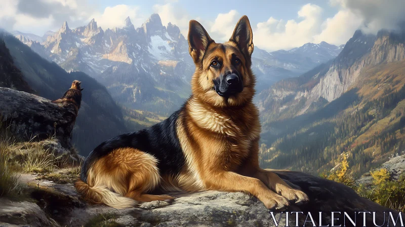 German shepherd resting on rocky ledge in vast mountains.