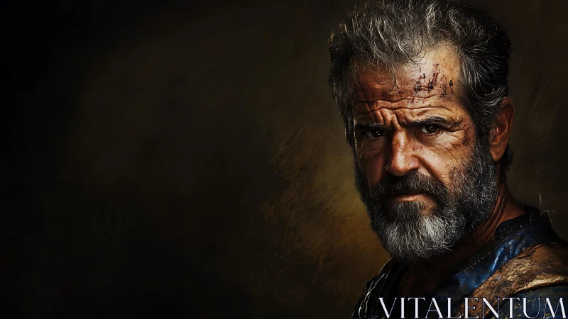 Weathered warrior’s steel stare against ruin-dark canvas.