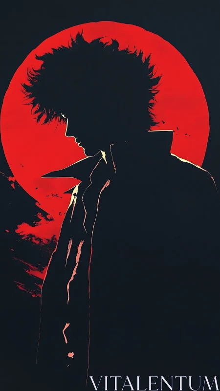 Backlit spiky-haired figure silhouette before red circular sun