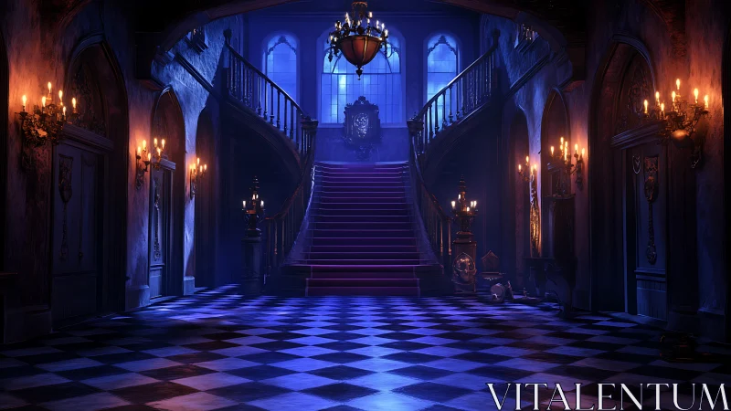 Midnight stairway in a candlelit haunted ballroom dream.