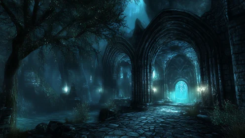 Moonlit ruins and glowing forest gate to a hidden realm.