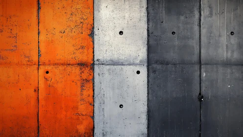 Industrial concrete wall with orange, gray, and black color blocks.