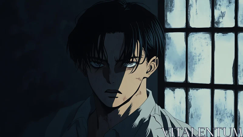 Anime man stands in harsh side light before window