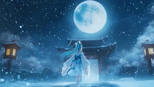 Moonlit shrine courtyard with blue-haired girl in snowfall.