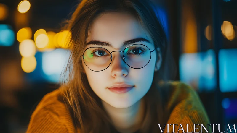 Softly lit girl with glasses in a cozy night glow.