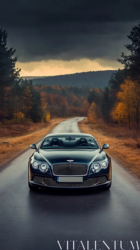 Luxury grand tourer stands on wet autumn forest road.