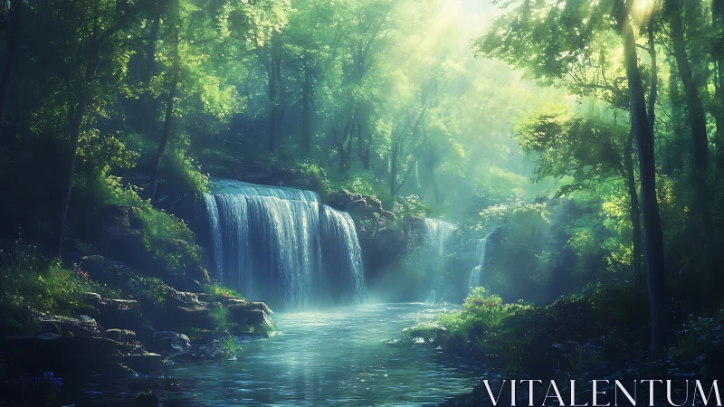 Luminous Waterfall in Temperate Forest: Digital Landscape Rendering.