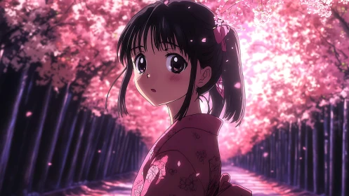 Anime girl walks under glowing cherry blossoms at dusk