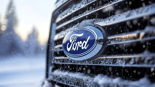 Frostbitten Ford grille catching snowflakes in crisp twilight.