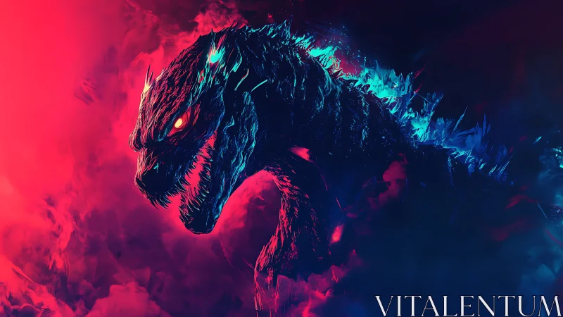 Neon kaiju roars against split red and blue storm clouds