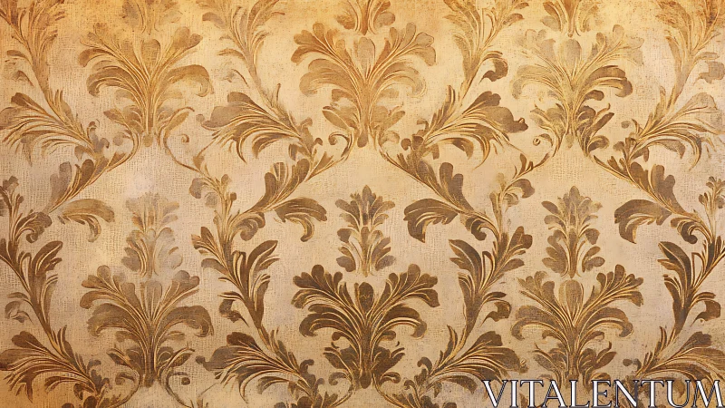 Vintage gold damask wallpaper with ornate leaf motifs.