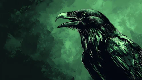 Emerald raven in swirling green mist, mid-cry and luminous.